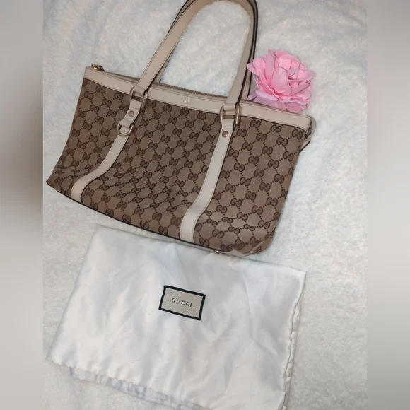 Gucci Authentic Monogram Tote GG Abbey Cream Leather Canvas Medium Bag EUC Chic - Picture 3 of 14